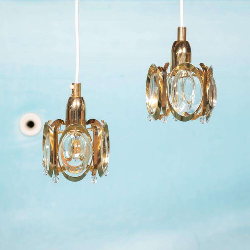 Lampe suspendue vintage en laiton et cristal Palwa, suspension midcentury