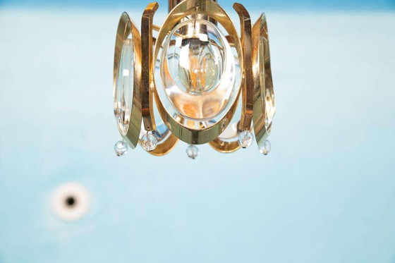 Image 1 of Lampe suspendue vintage en laiton et cristal Palwa, suspension midcentury