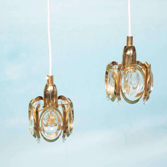 Image 1 of Lampe suspendue vintage en laiton et cristal Palwa, suspension midcentury