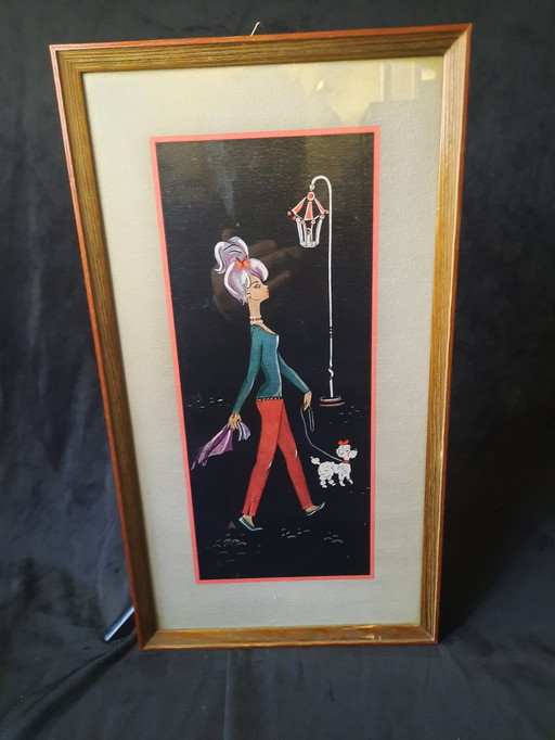 Vintage 1950S Print Girl With Dog Framed With Glass