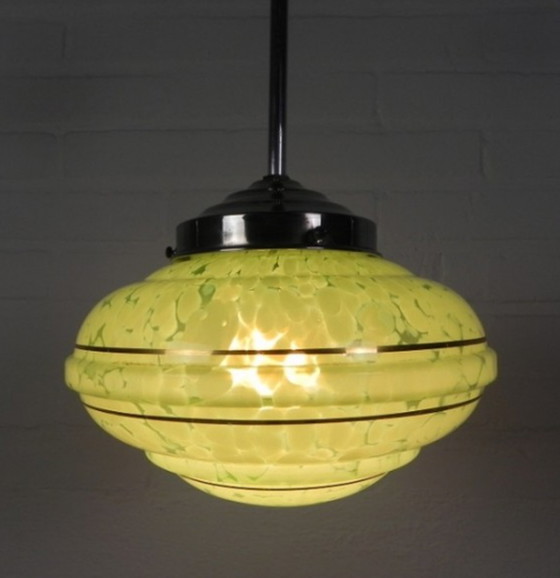 Image 1 of Art Deco hanging lamp with green cloudy glass shade, 1930s