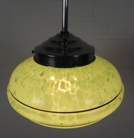 Image 1 of Art Deco hanging lamp with green cloudy glass shade, 1930s