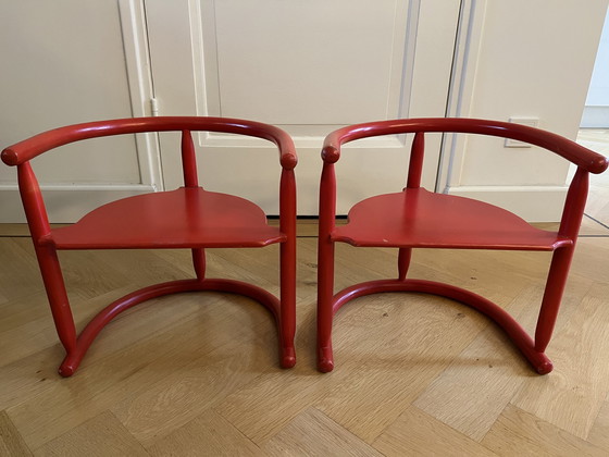 Image 1 of 2X Vintage Red Ikea Children's Chairs Anna By Karin Mobring (1963) With Original Seat Cushion