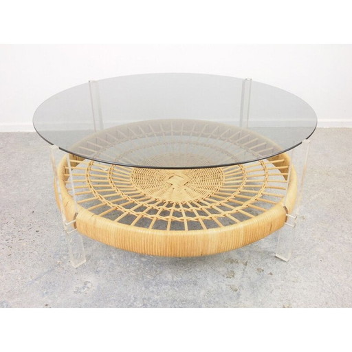 Round vintage coffee table with smoke glass and rattan with lucite supports