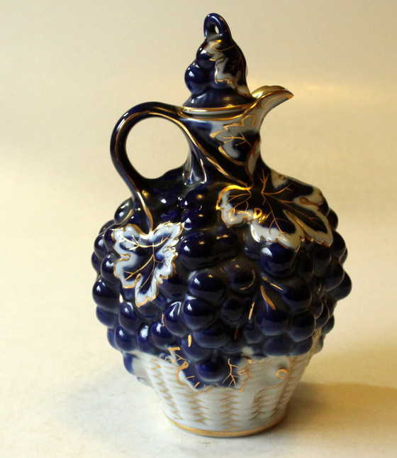 Image 1 of Rara caraffa con decorazione da vino blu cobalto, bianco e oro, ceramica, fatta a mano, vintage