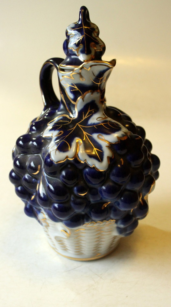 Image 1 of Rara caraffa con decorazione da vino blu cobalto, bianco e oro, ceramica, fatta a mano, vintage