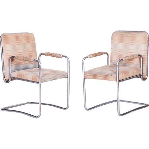 Pair of vintage Bauhaus armchairs in chrome steel and fabric by Karel E. Ort for Hynek Gottwald, Czechoslovakia 1930
