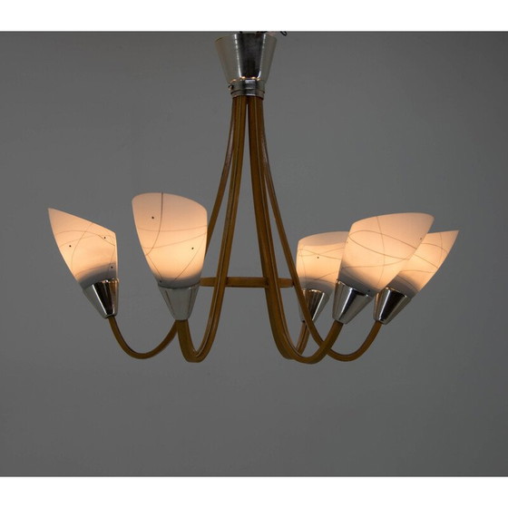 Image 1 of Mid-century wood and glass chandelier by Dřevo Humpolec, Czechoslovakia 1960s