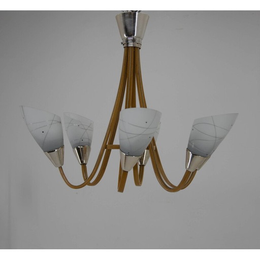 Mid-century wood and glass chandelier by Dřevo Humpolec, Czechoslovakia 1960s