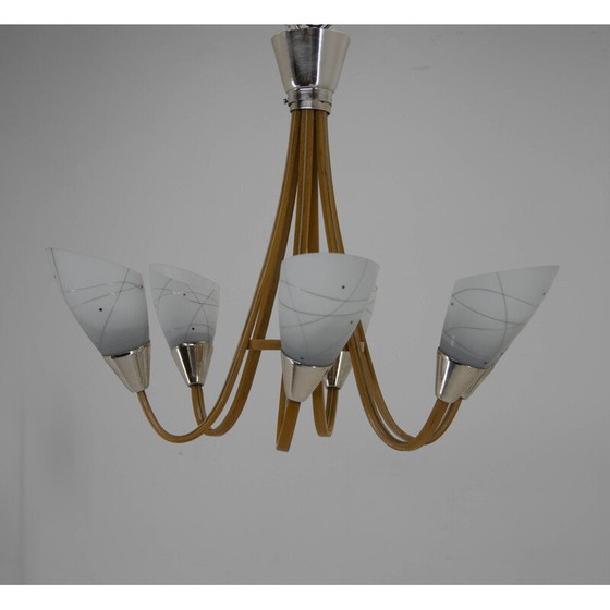 Image 1 of Mid-century wood and glass chandelier by Dřevo Humpolec, Czechoslovakia 1960s