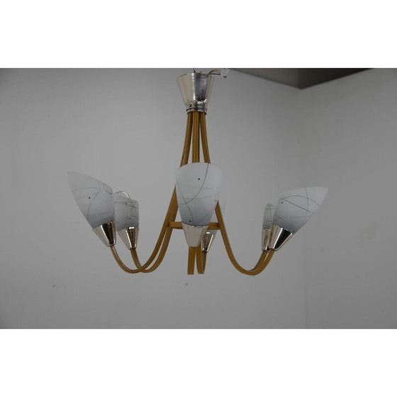Image 1 of Mid-century wood and glass chandelier by Dřevo Humpolec, Czechoslovakia 1960s