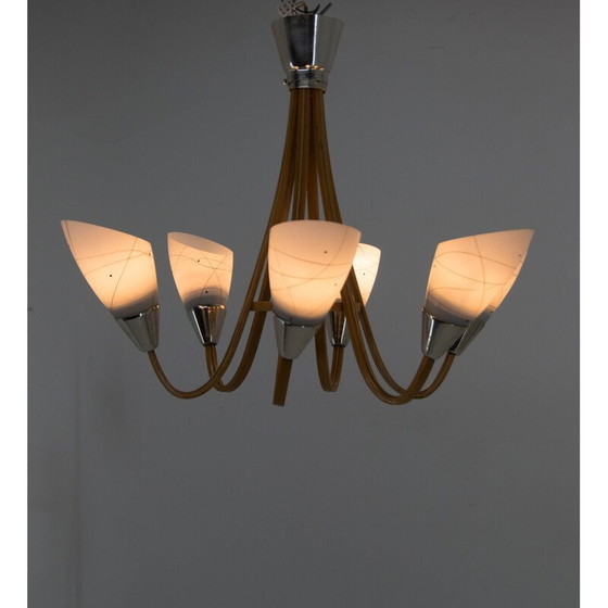 Image 1 of Mid-century wood and glass chandelier by Dřevo Humpolec, Czechoslovakia 1960s