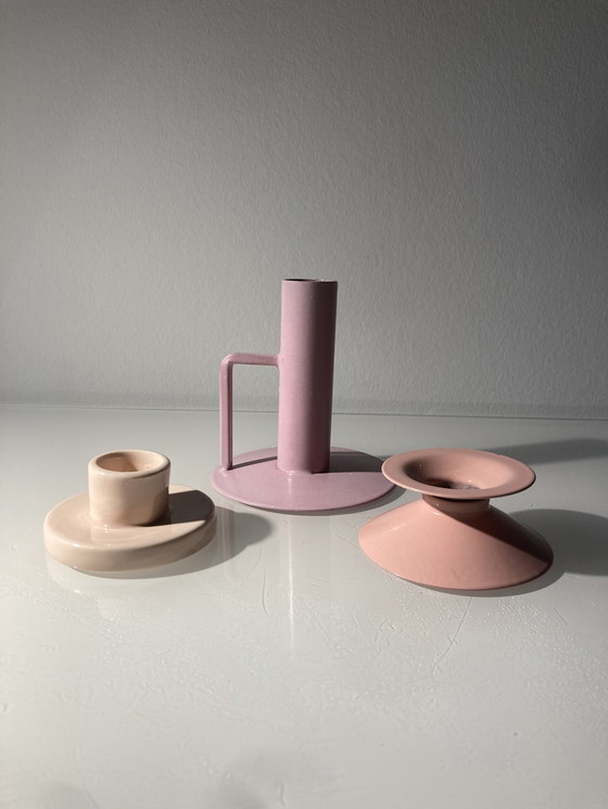 Image 1 of Set Of Three Pink Candlesticks