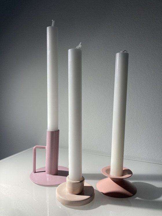 Image 1 of Set Of Three Pink Candlesticks