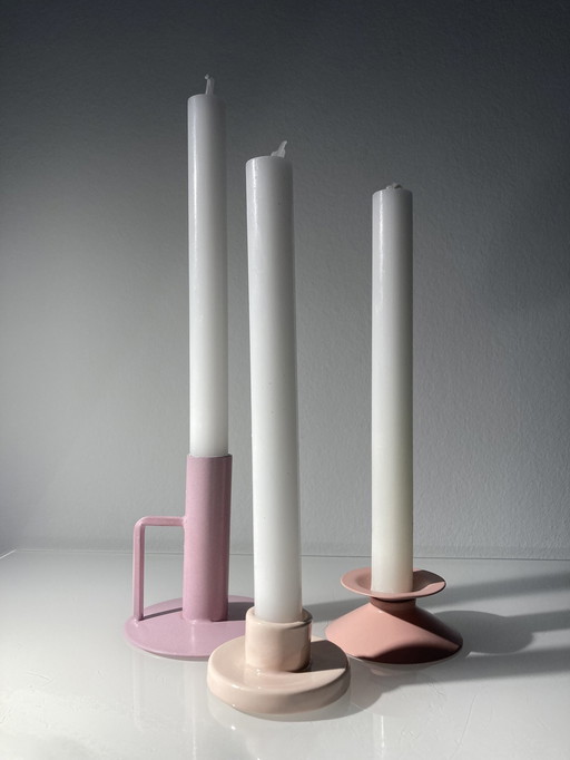 Set Of Three Pink Candlesticks