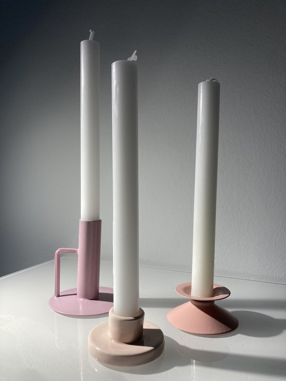 Image 1 of Set Of Three Pink Candlesticks