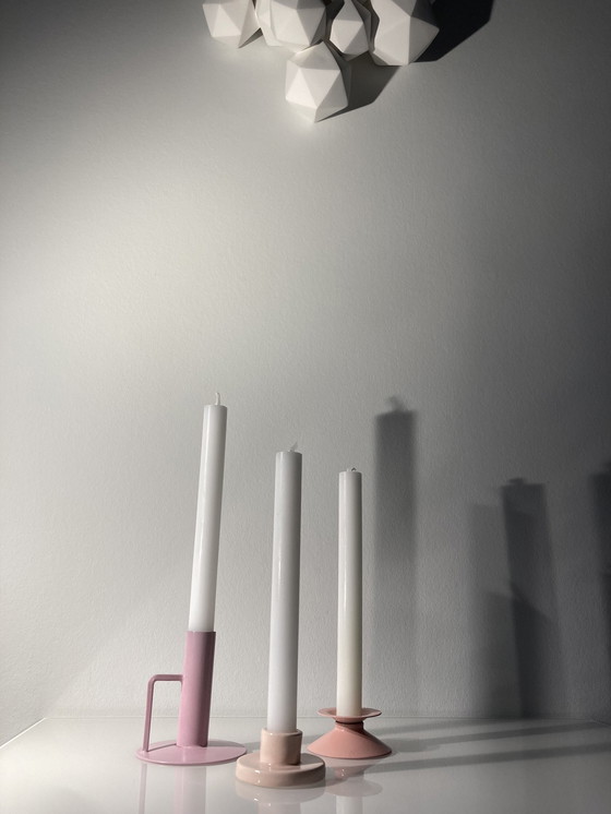 Image 1 of Set Of Three Pink Candlesticks