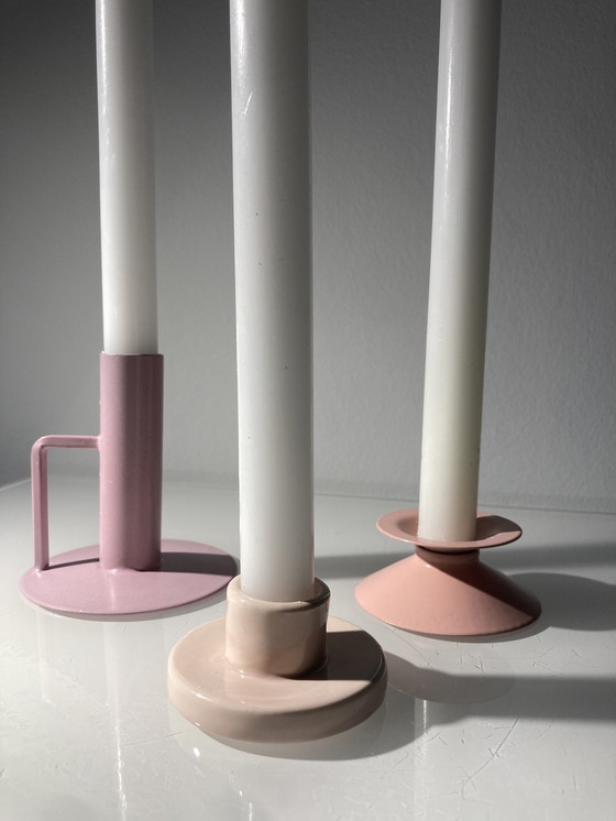 Image 1 of Set Of Three Pink Candlesticks