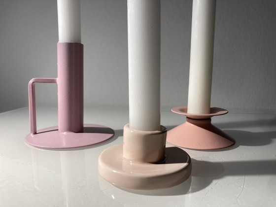 Image 1 of Set Of Three Pink Candlesticks