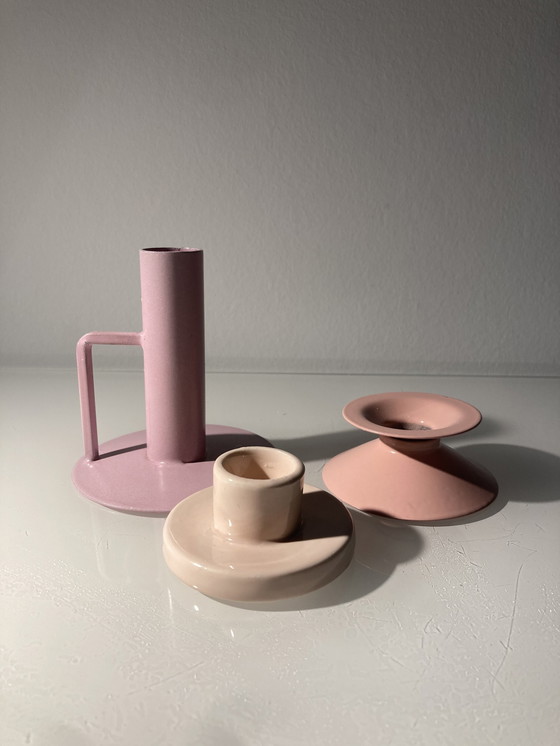 Image 1 of Set Of Three Pink Candlesticks