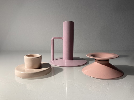 Image 1 of Set Of Three Pink Candlesticks