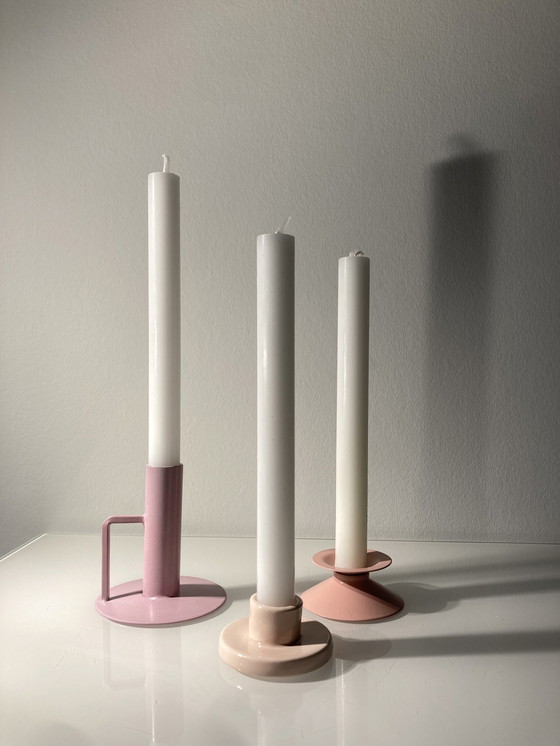 Image 1 of Set Of Three Pink Candlesticks