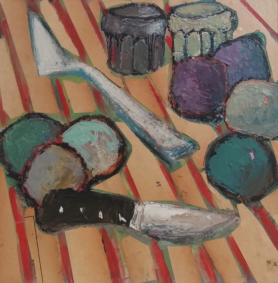 Image 1 of Germain Henneka - Fruits, cuillère, verres et couteau à rayures rouges