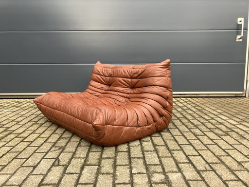 100% Original Vintage Cognac Leather Togo Ligne Roset 2 Seat