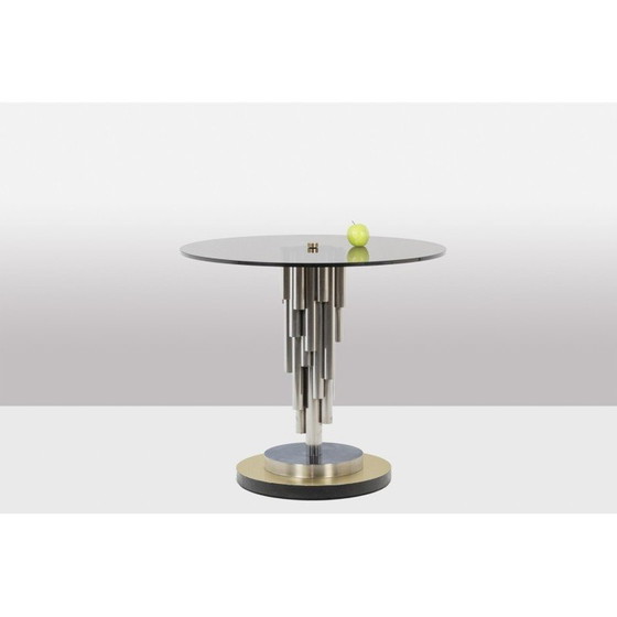 Image 1 of Vintage "Organ" pedestal table in chrome metal and matte golden brass, 1970