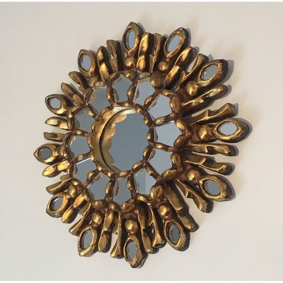 Image 1 of Piccolo specchio vintage a forma di sole in legno intagliato e dorato, 1970