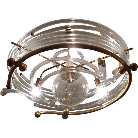Image 1 of Vintage glass and brass chandelier by René Roubicek, 1960