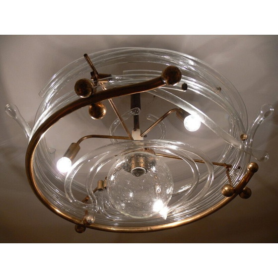 Image 1 of Vintage glass and brass chandelier by René Roubicek, 1960