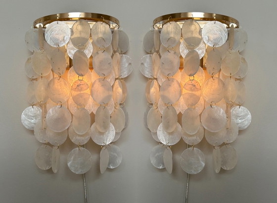 Image 1 of Set Of 2 Capiz Shell Lamps Wall Lamps Gold Frame