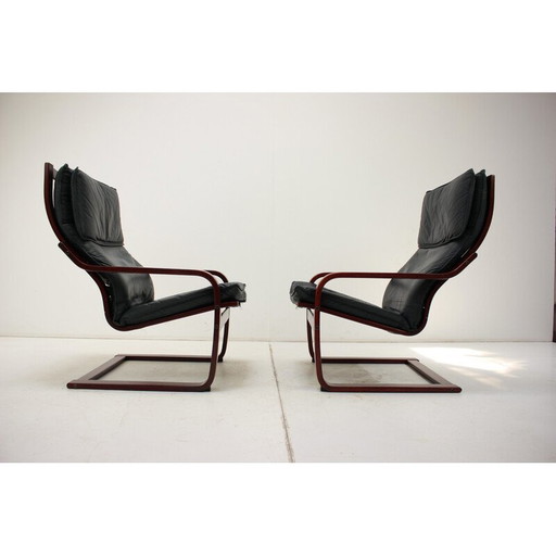 Pair of vintage leather and wood armchairs for Ikea, Sweden 1980