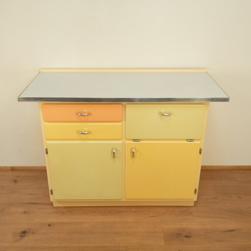 Kitchen cabinet with worktop, pastel colored lacquered, 1950s