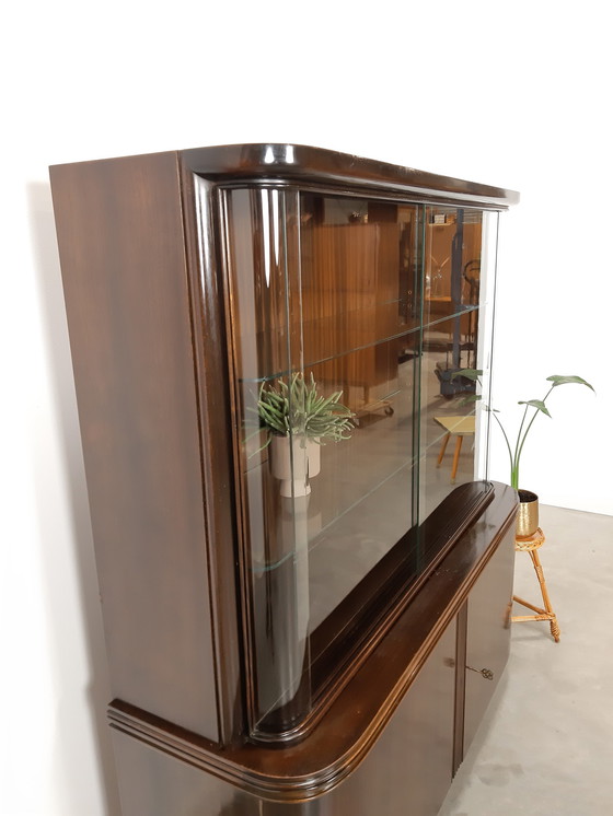 Image 1 of Vintage art deco dark veneer display cabinet