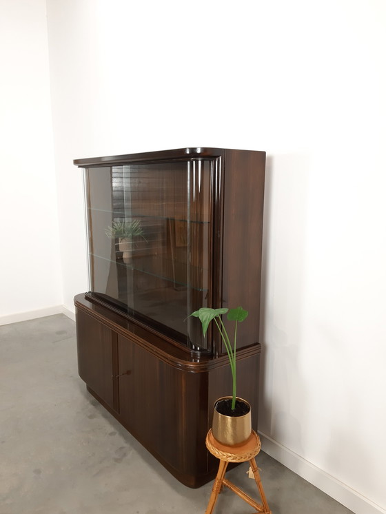 Image 1 of Vintage art deco dark veneer display cabinet