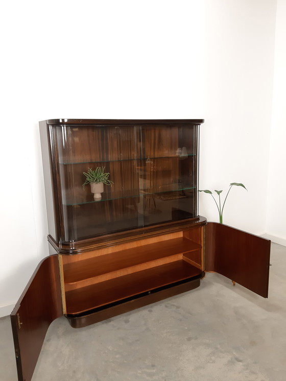 Image 1 of Vintage art deco dark veneer display cabinet