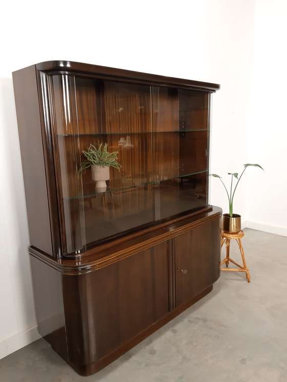 Image 1 of Vintage art deco dark veneer display cabinet