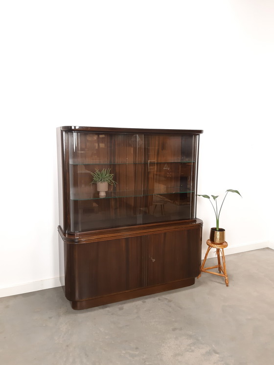 Image 1 of Vintage art deco dark veneer display cabinet