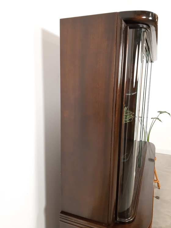 Image 1 of Vintage art deco dark veneer display cabinet
