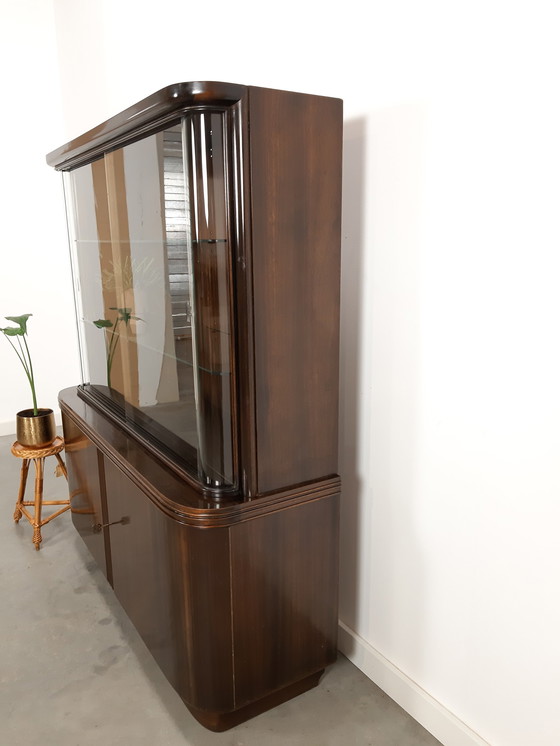 Image 1 of Vintage art deco dark veneer display cabinet