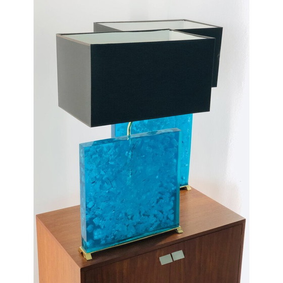 Image 1 of Pair of vintage turquoise fractal resin lamps, 1980