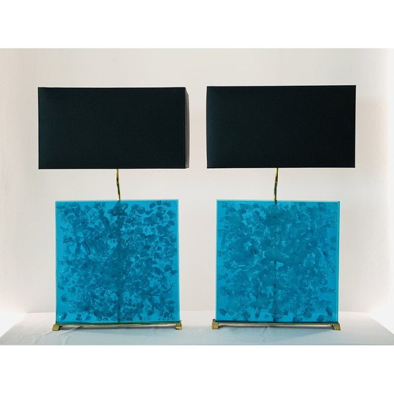 Image 1 of Pair of vintage turquoise fractal resin lamps, 1980