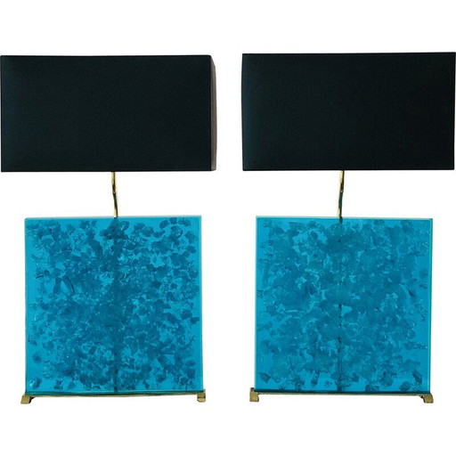 Pair of vintage turquoise fractal resin lamps, 1980