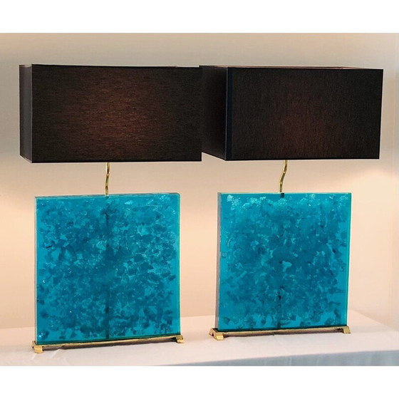 Image 1 of Pair of vintage turquoise fractal resin lamps, 1980