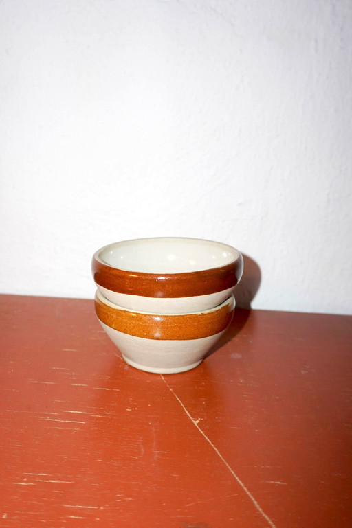 2 X Small Brown Striped Sandstone Grès French Gein Ceramic Bowls