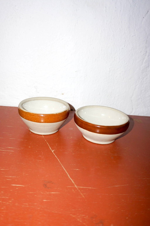 2 X Small Brown Striped Sandstone Grès French Gein Ceramic Bowls