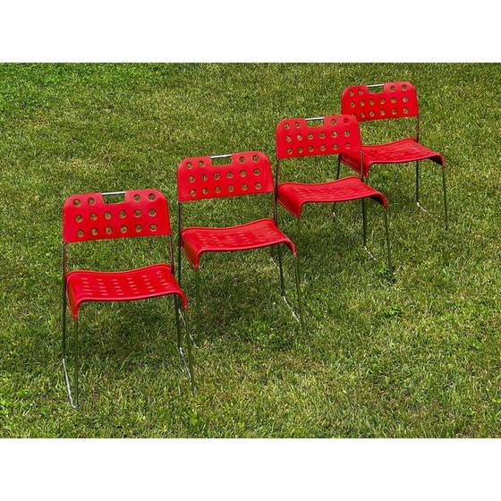 Image 1 of Set of 9 vintage Omstak chairs in lacquered metal and chromed steel by Rodney Kinsman for Bieffeplast, Italy 1960