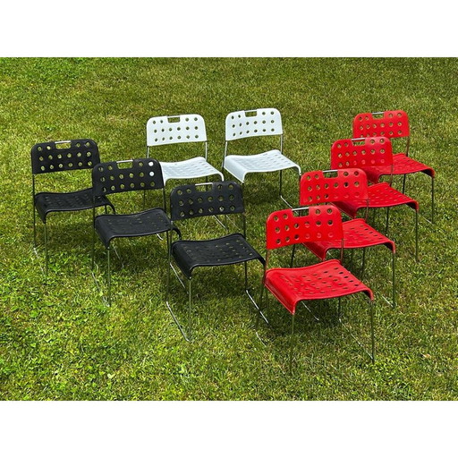Set of 9 vintage Omstak chairs in lacquered metal and chromed steel by Rodney Kinsman for Bieffeplast, Italy 1960